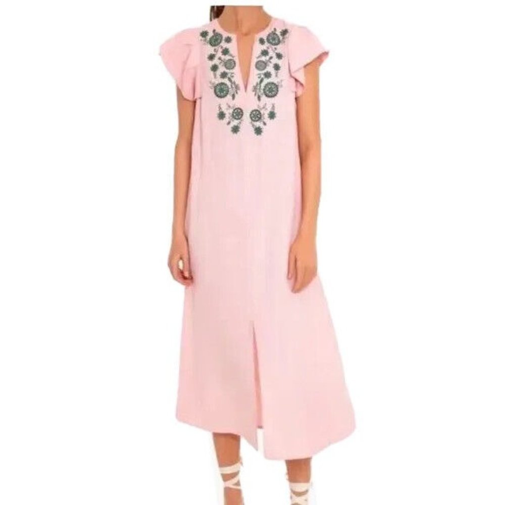 TUCKERNUCK Pomander Place Pink Embroidered Linen Caftan Midi Dress M